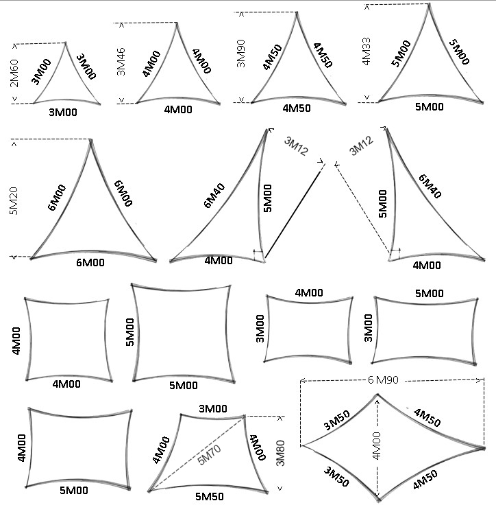 Croquis des voiles d'ombrage disponibles en dimensions prédéfinies